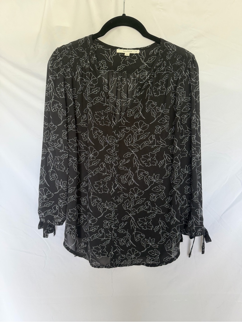 fun 2 fun Black Floral Outline Tie-Cuff Blouse